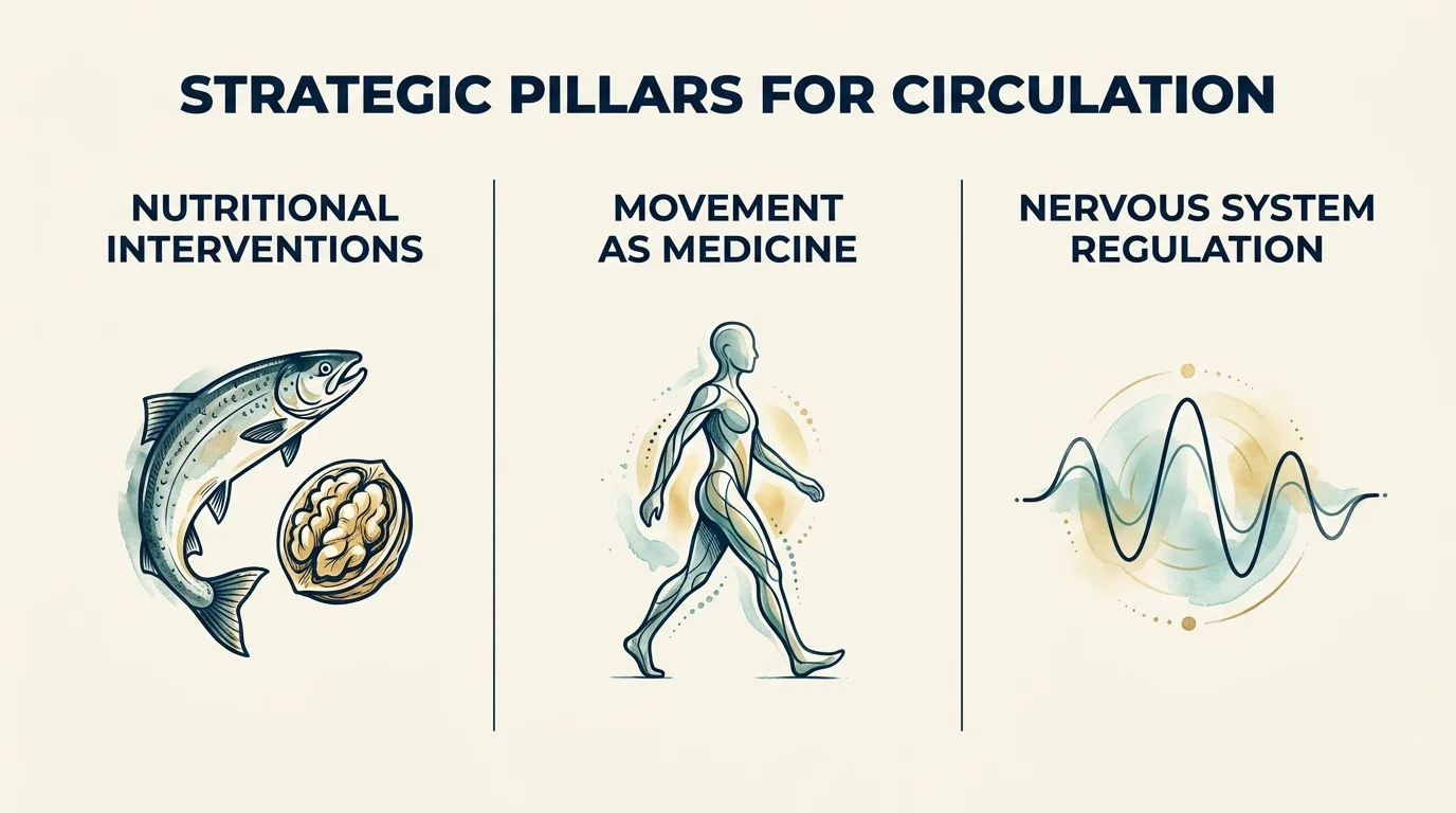 Infographic with three columns showing nutrition, movement, and mindset as pillars for health.