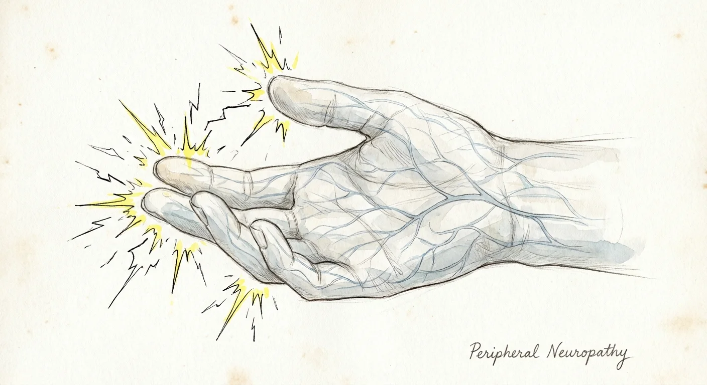 Ink and watercolor drawing of a hand with yellow sparks at the fingertips symbolizing tingling sensations.