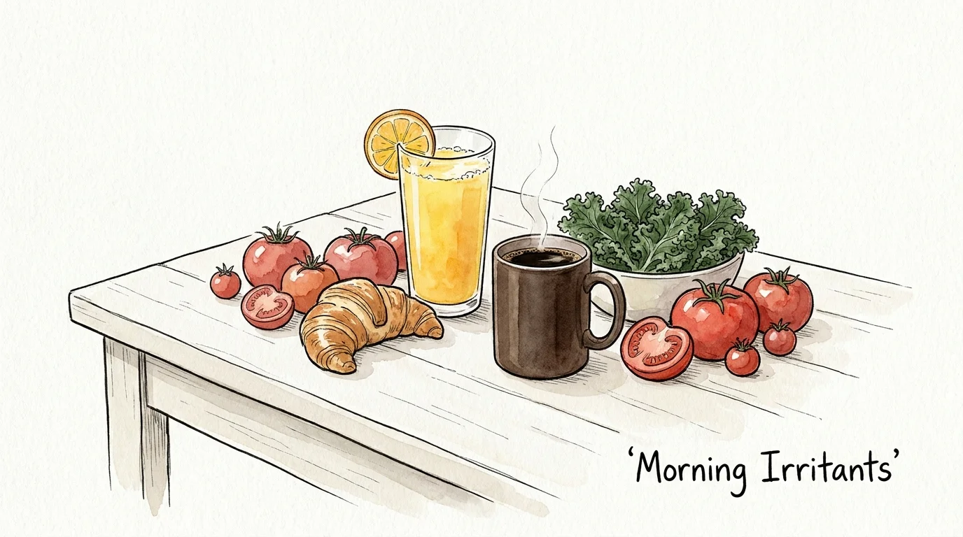 Ink and watercolor illustration of coffee, orange juice, and tomatoes on a breakfast table.