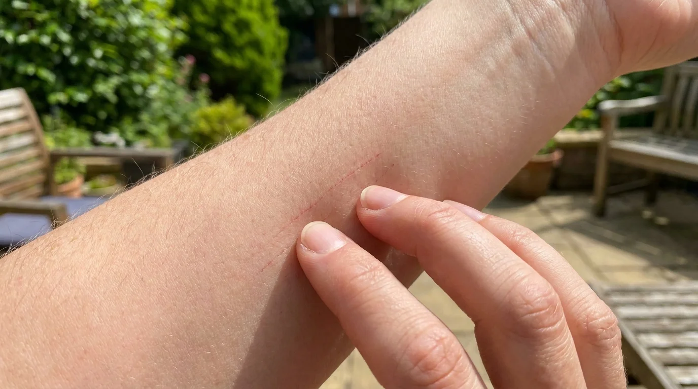Macro shot of a hand scratching a forearm, showing faint red marks on the skin.