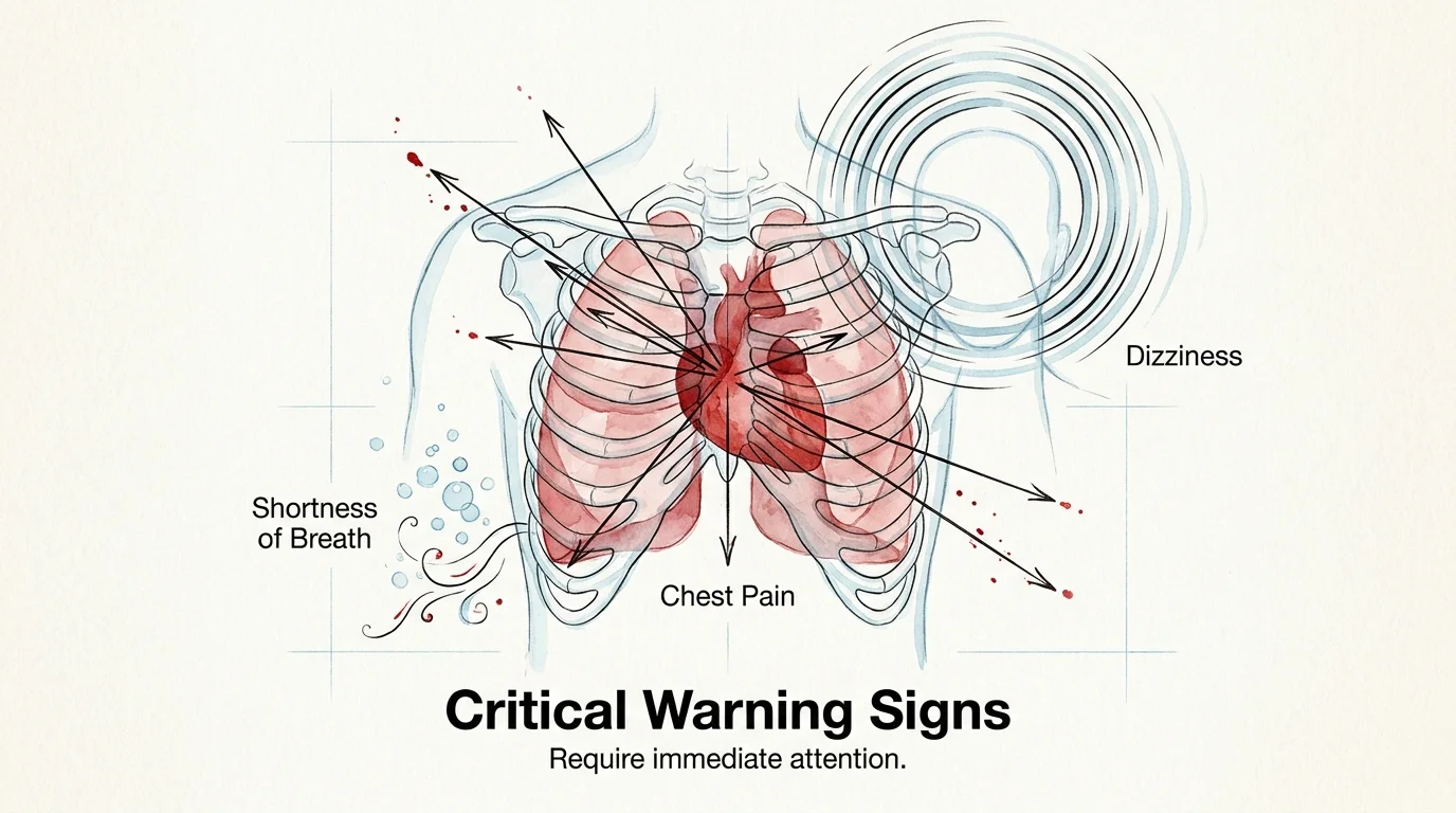 Medical-style illustration highlighting the heart and lungs with symbols for pain and dizziness.