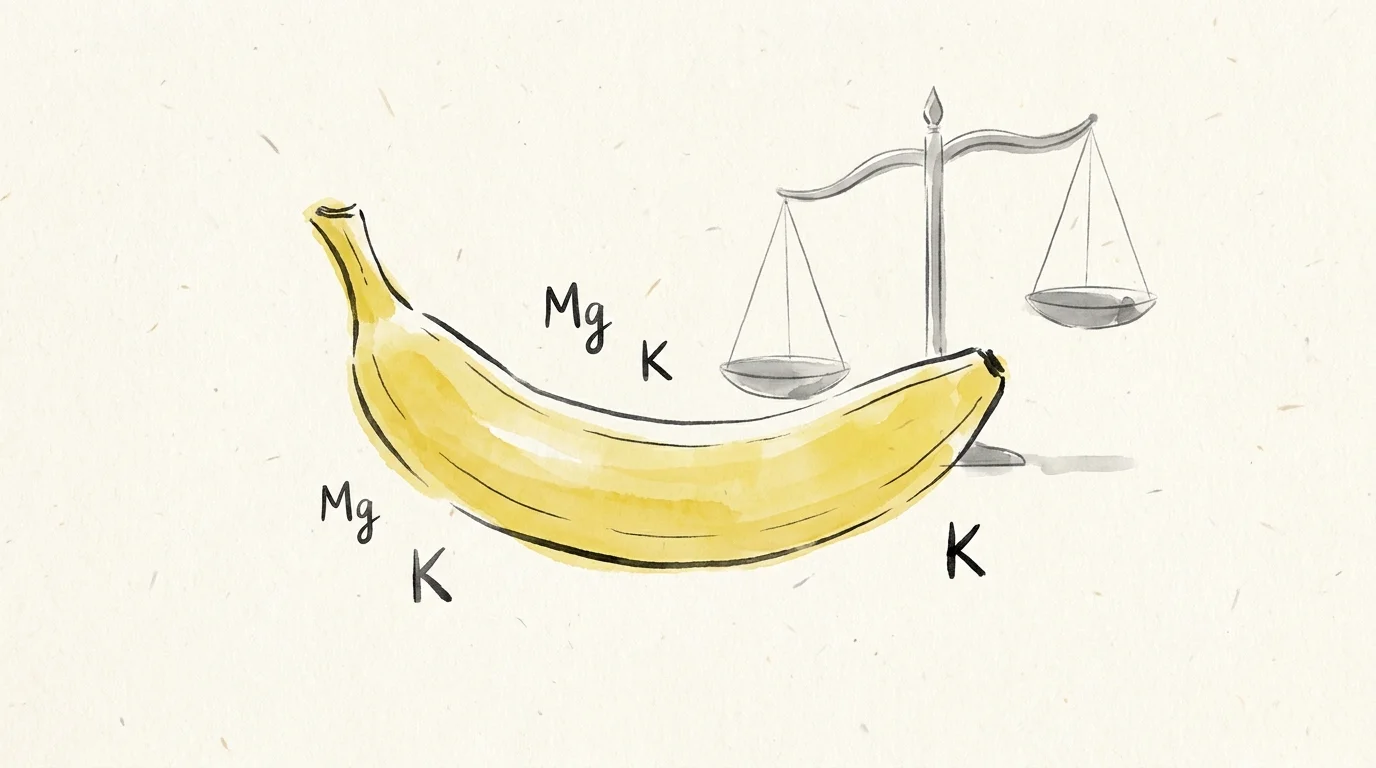 Minimalist illustration of a banana with chemical symbols for magnesium and potassium.