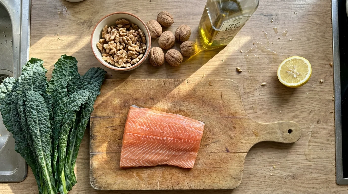 Overhead photo of fresh salmon, walnuts, and kale on a wooden cutting board in a sunny kitchen.