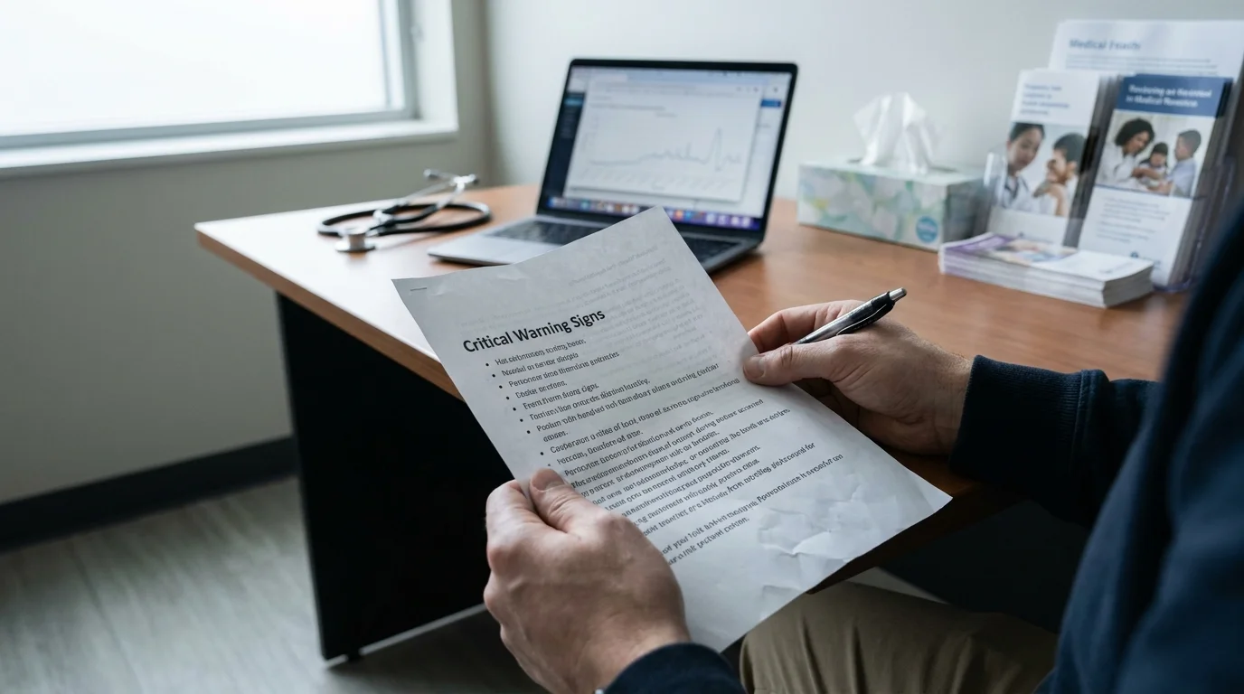 Photo from a patient's perspective in a doctor's office, holding a list of symptoms and a pen.