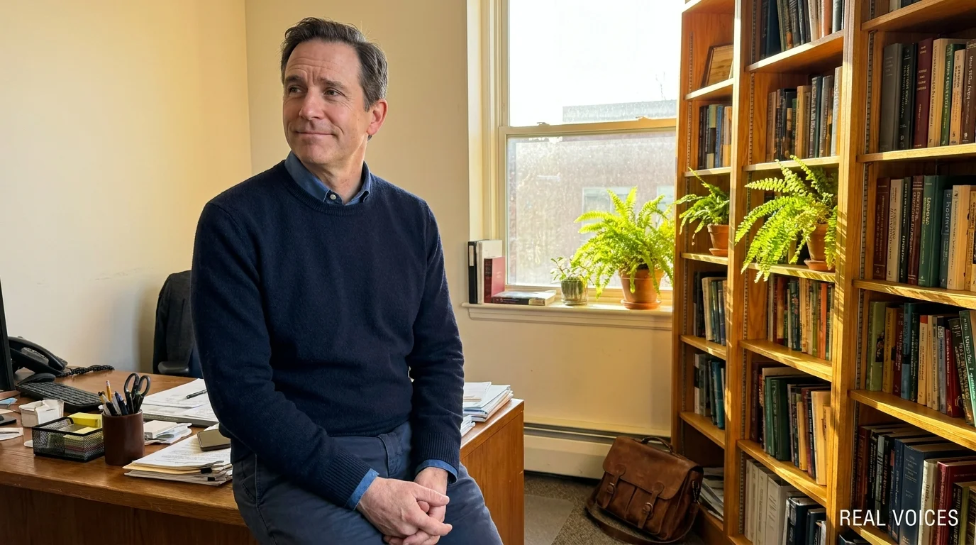 Portrait of a doctor in a comfortable, sunlit office looking thoughtful and empathetic.