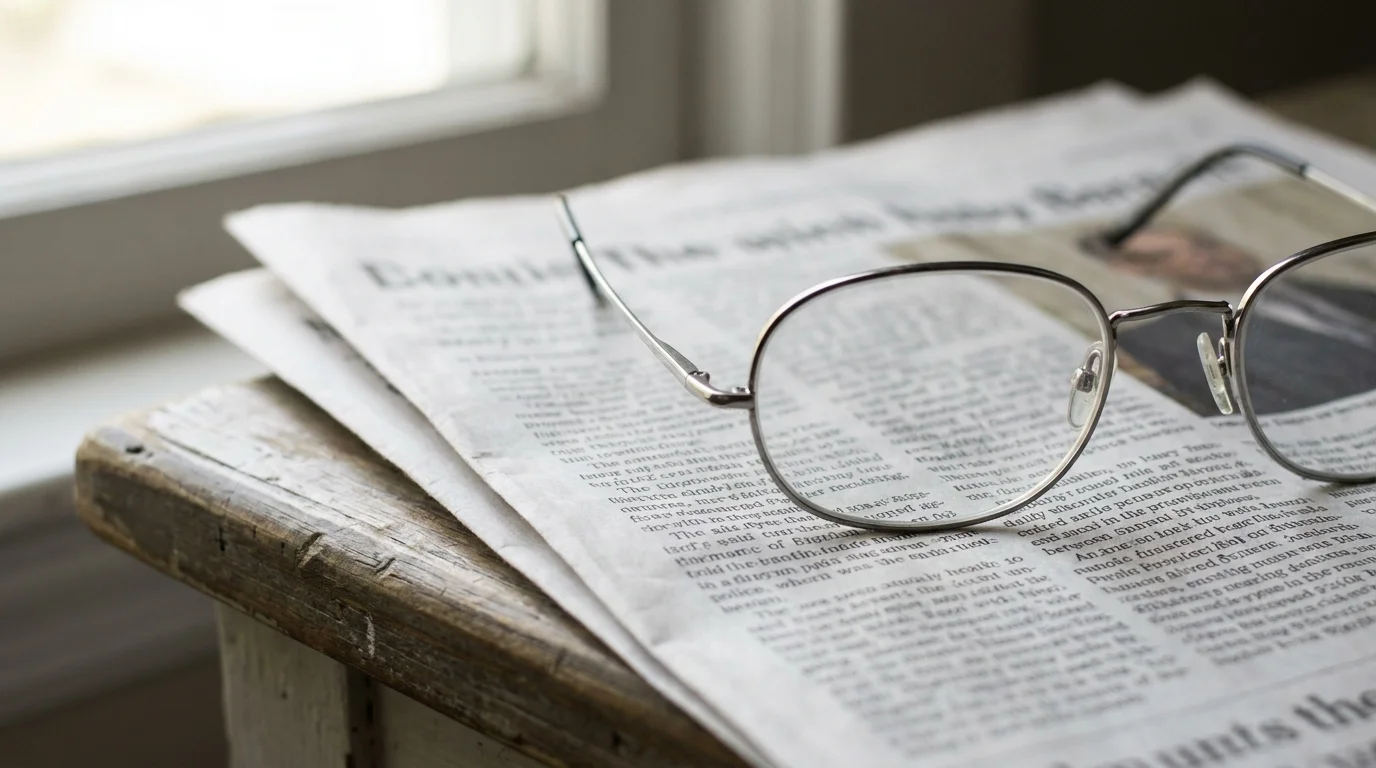 Reading glasses on a newspaper, showing blurry text through the lens to represent vision shifts.
