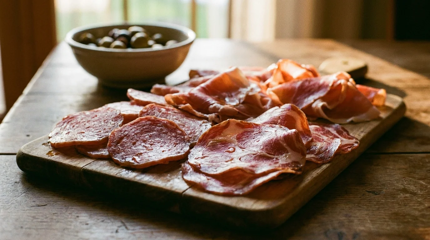 Slices of cured meats on a wooden board, representing foods high in nitrates that can trigger headaches.