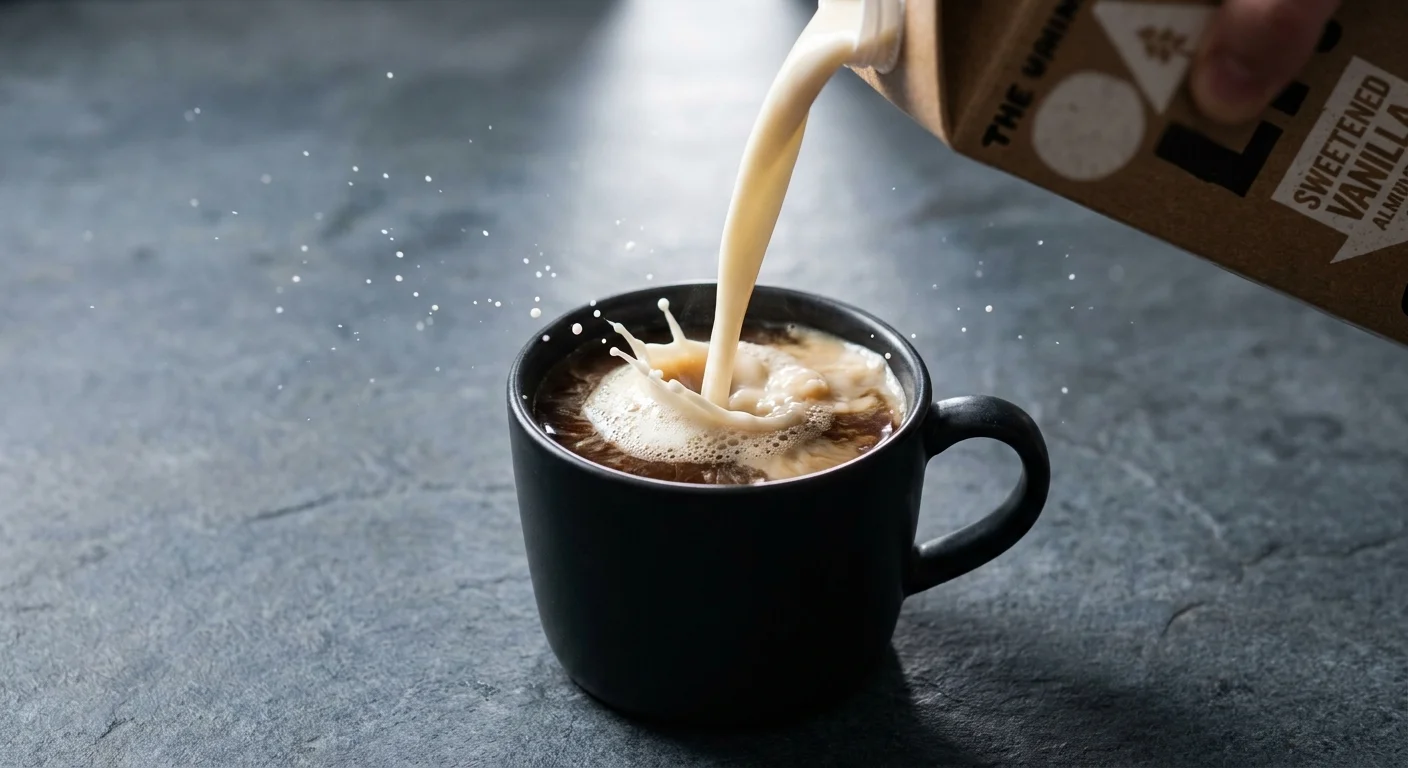 Sweetened almond milk being poured into a cup of black coffee, creating white swirls in the dark liquid.