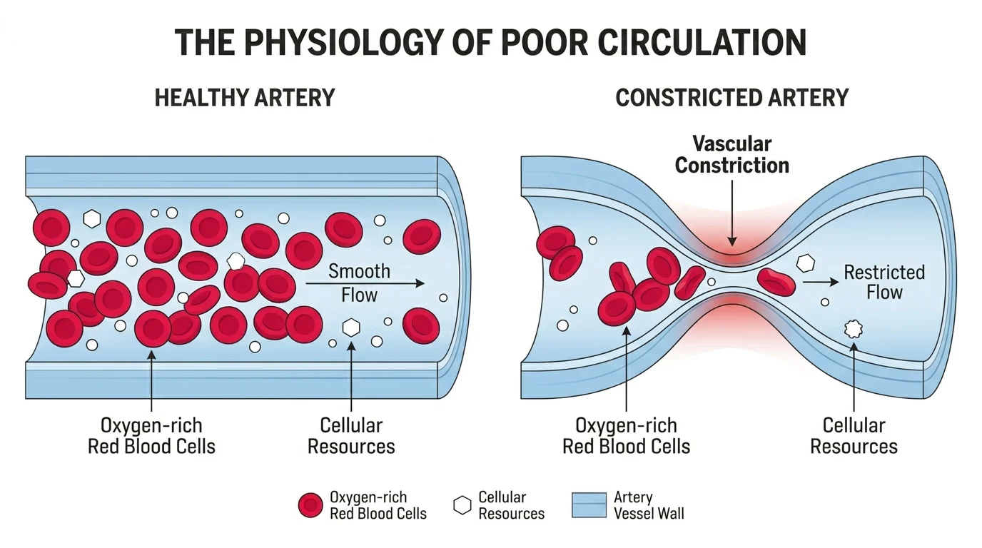 Technical diagram comparing a wide healthy artery to a narrow constricted artery with blood flow labels.