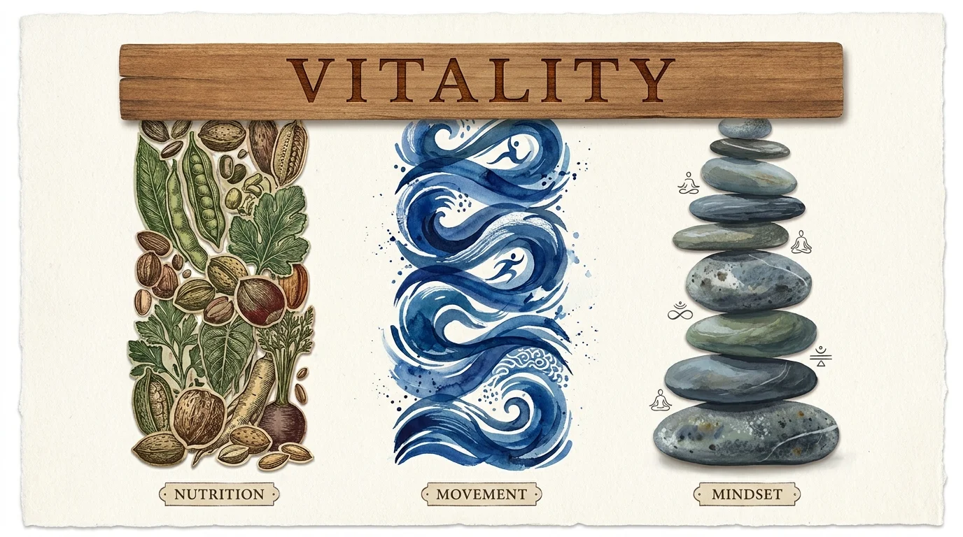 Three artistic pillars labeled Nutrition, Movement, and Mindset supporting a beam that says Vitality.