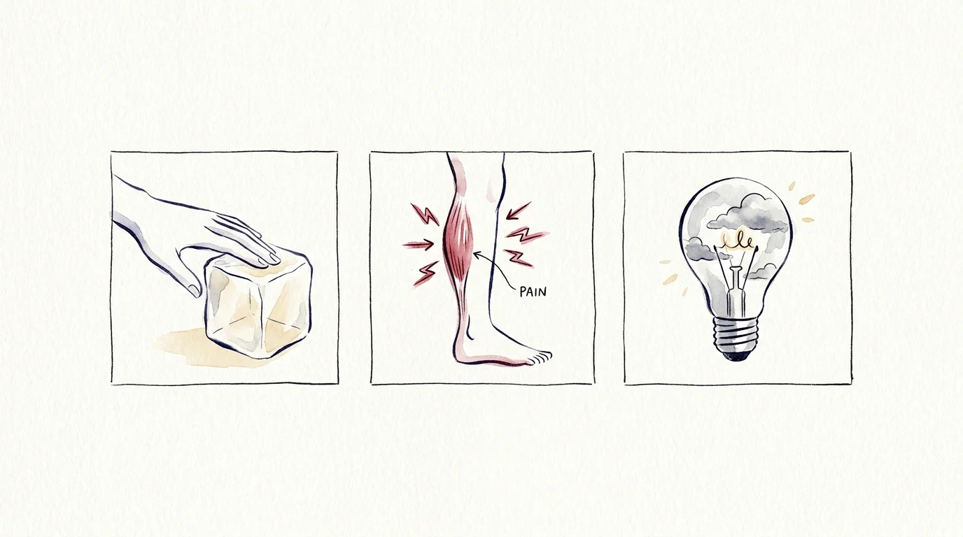 Three symbolic illustrations representing coldness, muscle pain, and mental fog as signs of poor circulation.