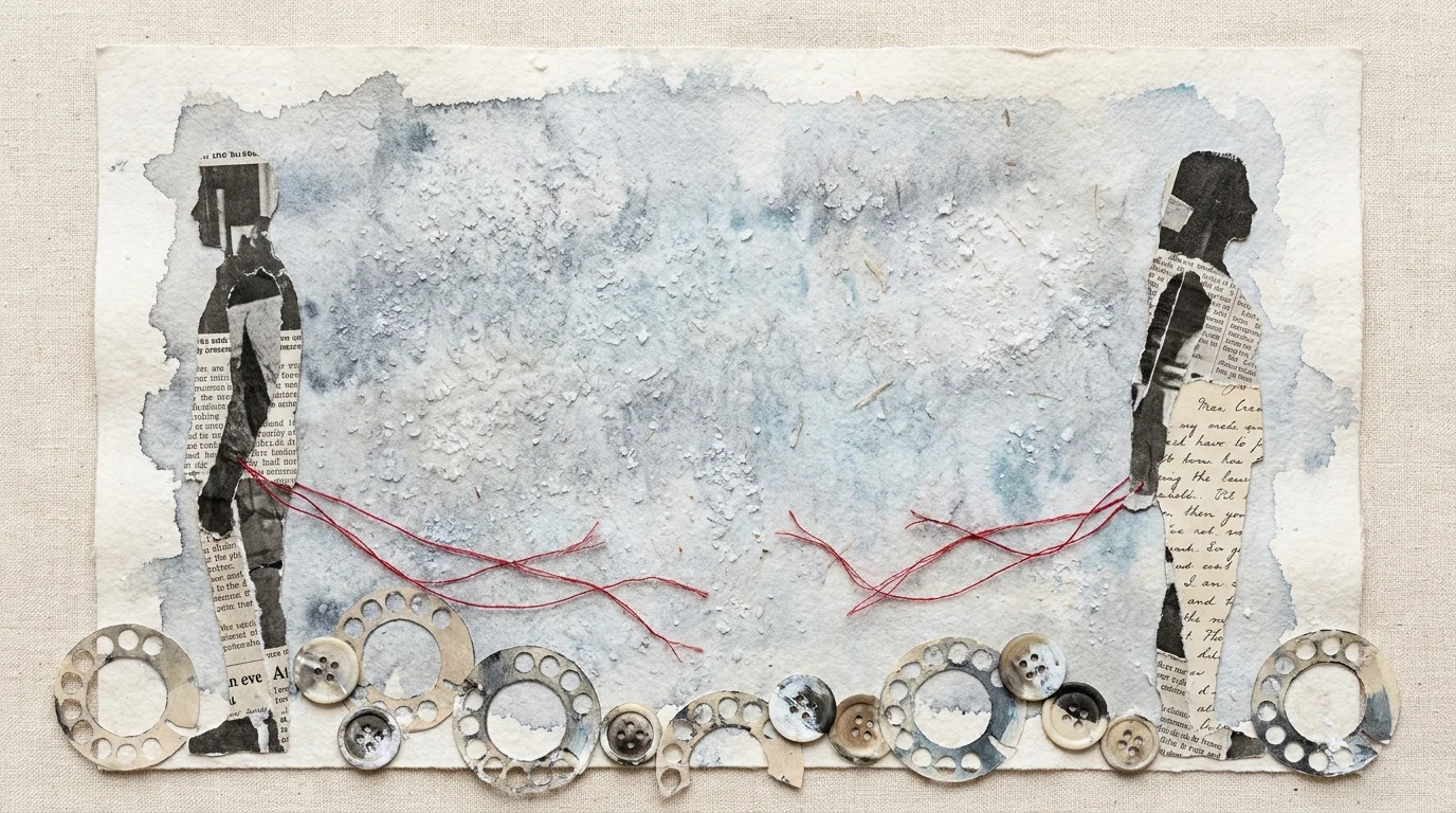 Two silhouettes made of newspaper facing away from each other with a grey watercolor static texture filling the large gap between them.