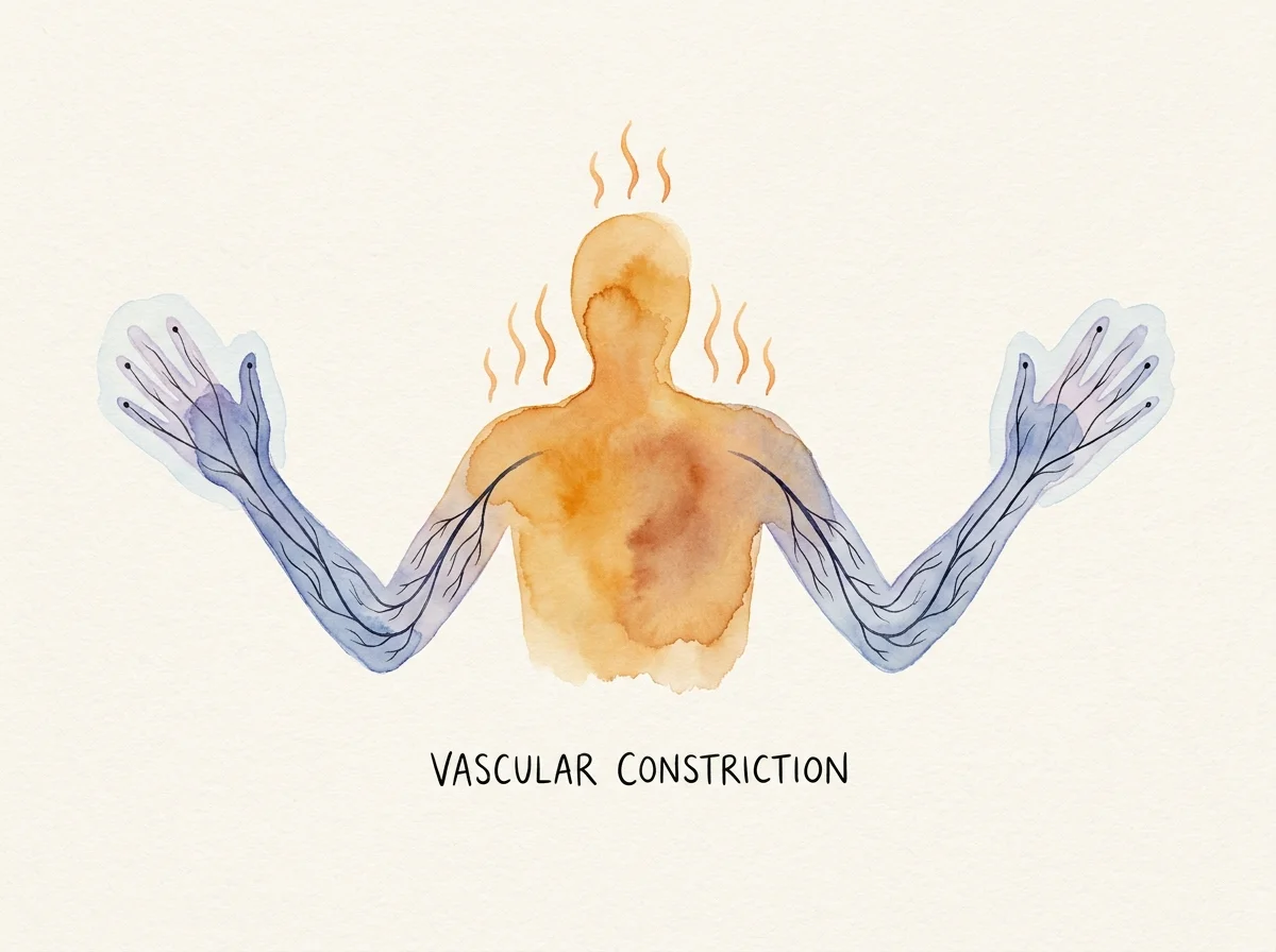 Watercolor illustration of a human figure with a warm glowing core and cool blue-toned hands and arms.