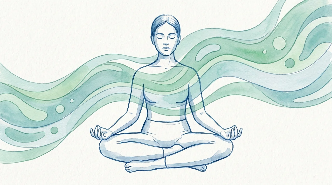 Watercolor illustration of a person meditating with calm green waves flowing through their body.