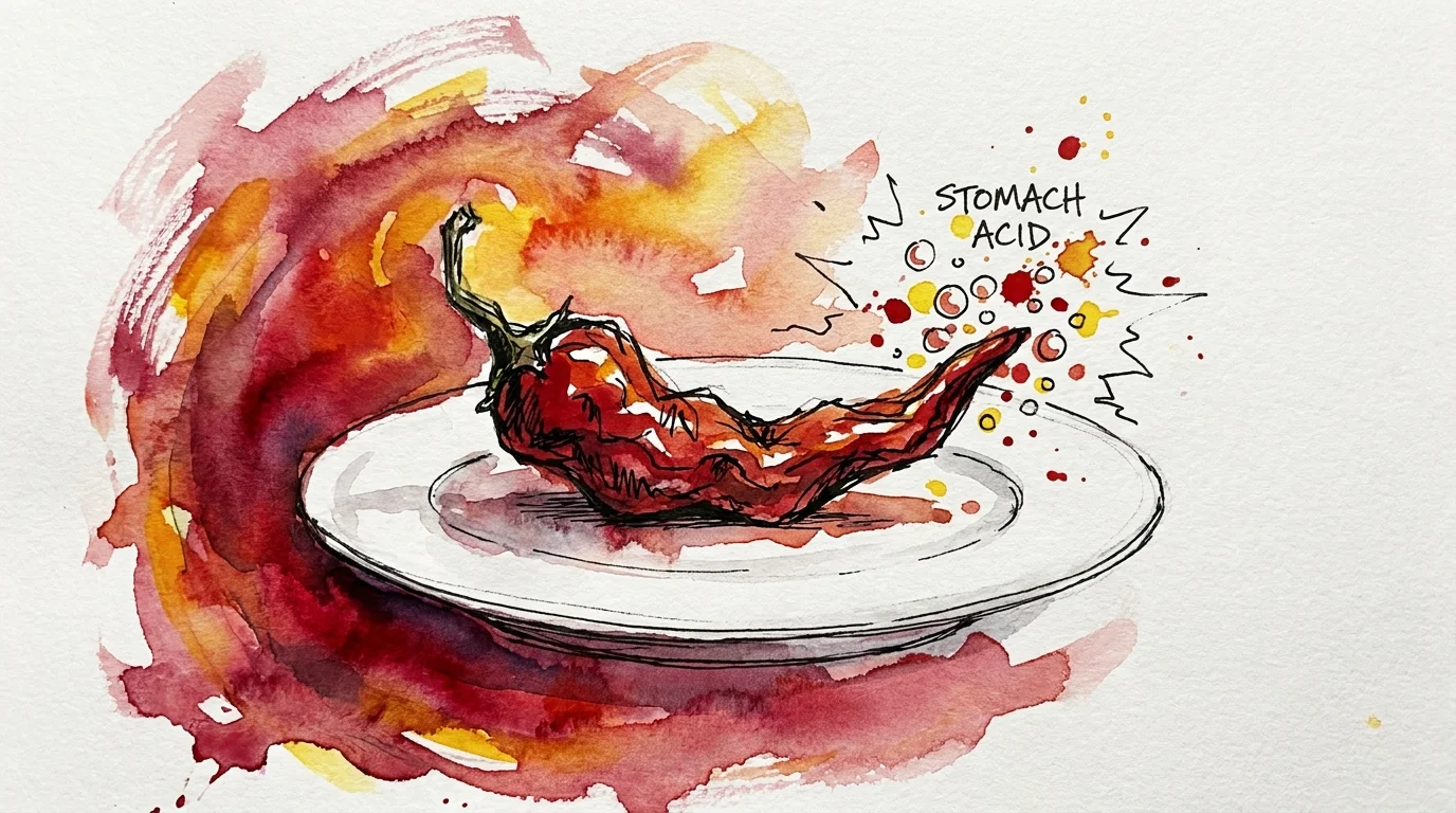 Watercolor sketch of a red chili pepper with a red heat haze representing stomach irritation.
