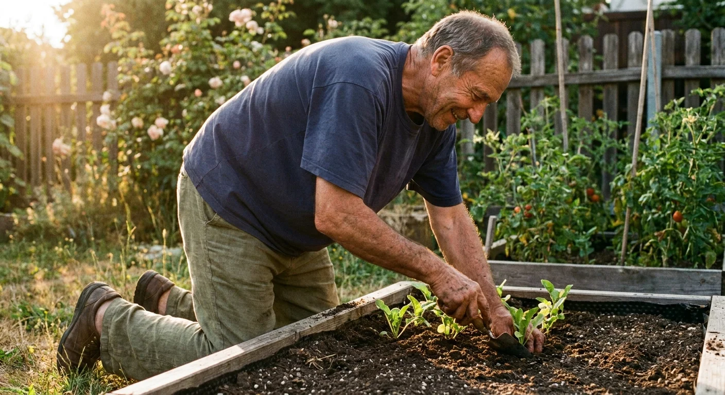 A 35mm film photograph of a man in his 60s smiling while gardening in a sun-drenched backyard garden.