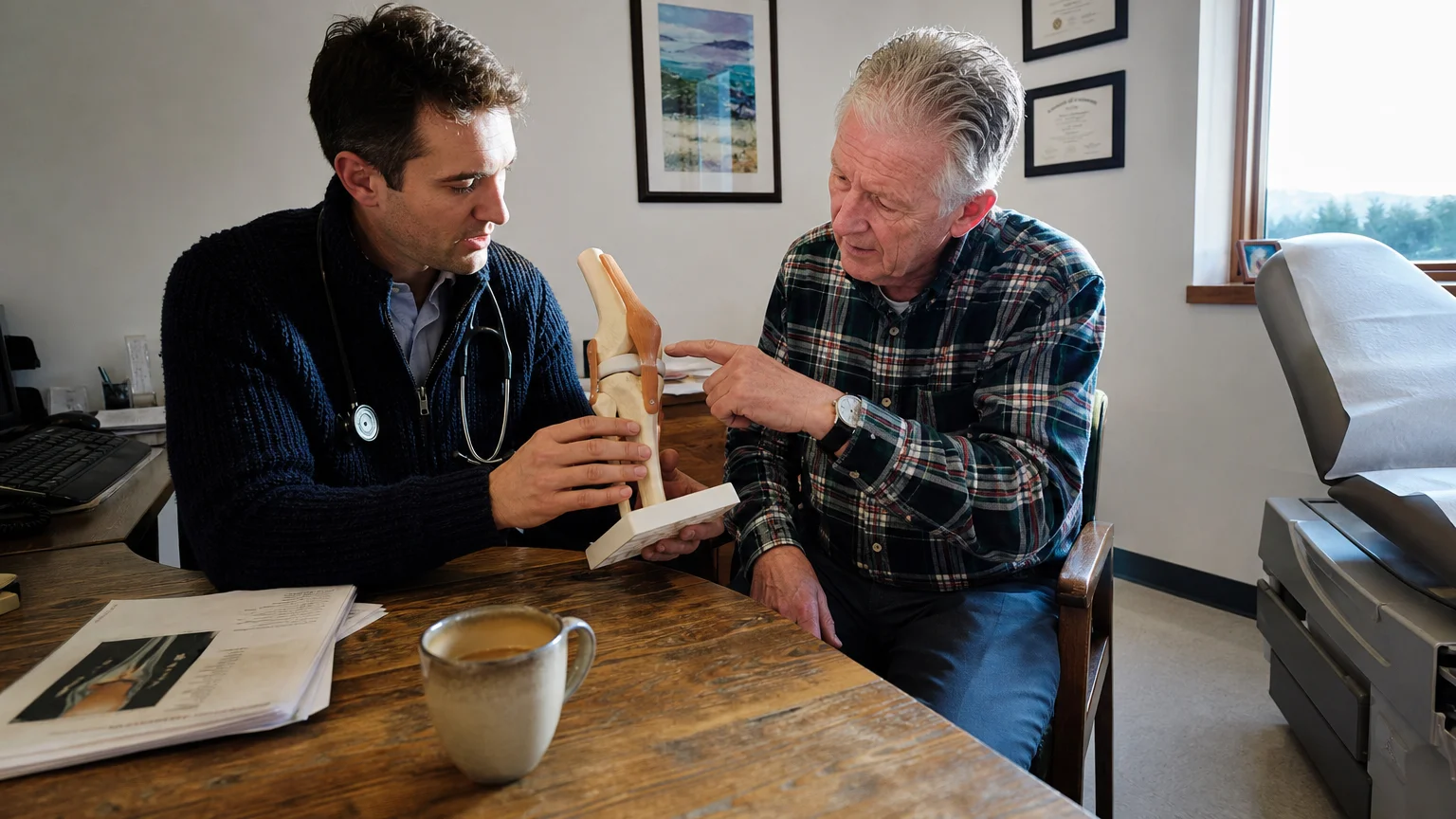 A candid, documentary-style photo of a doctor and an older patient discussing a knee model in a sunlit clinic room.
