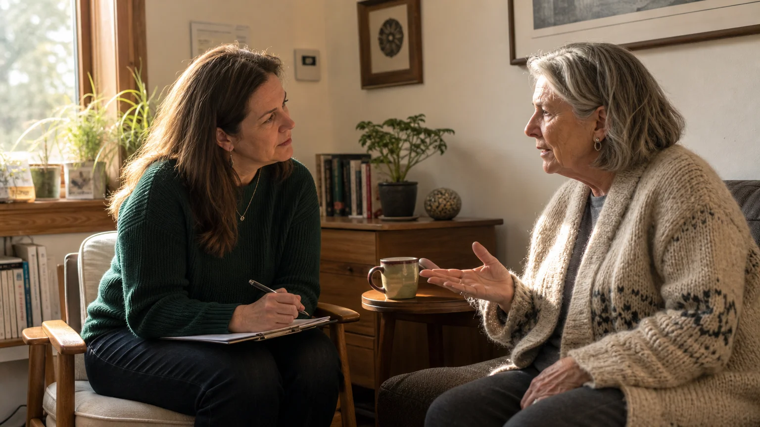 A candid, documentary-style photograph of a doctor listening empathetically to an older patient during a warm, supportive consultation.