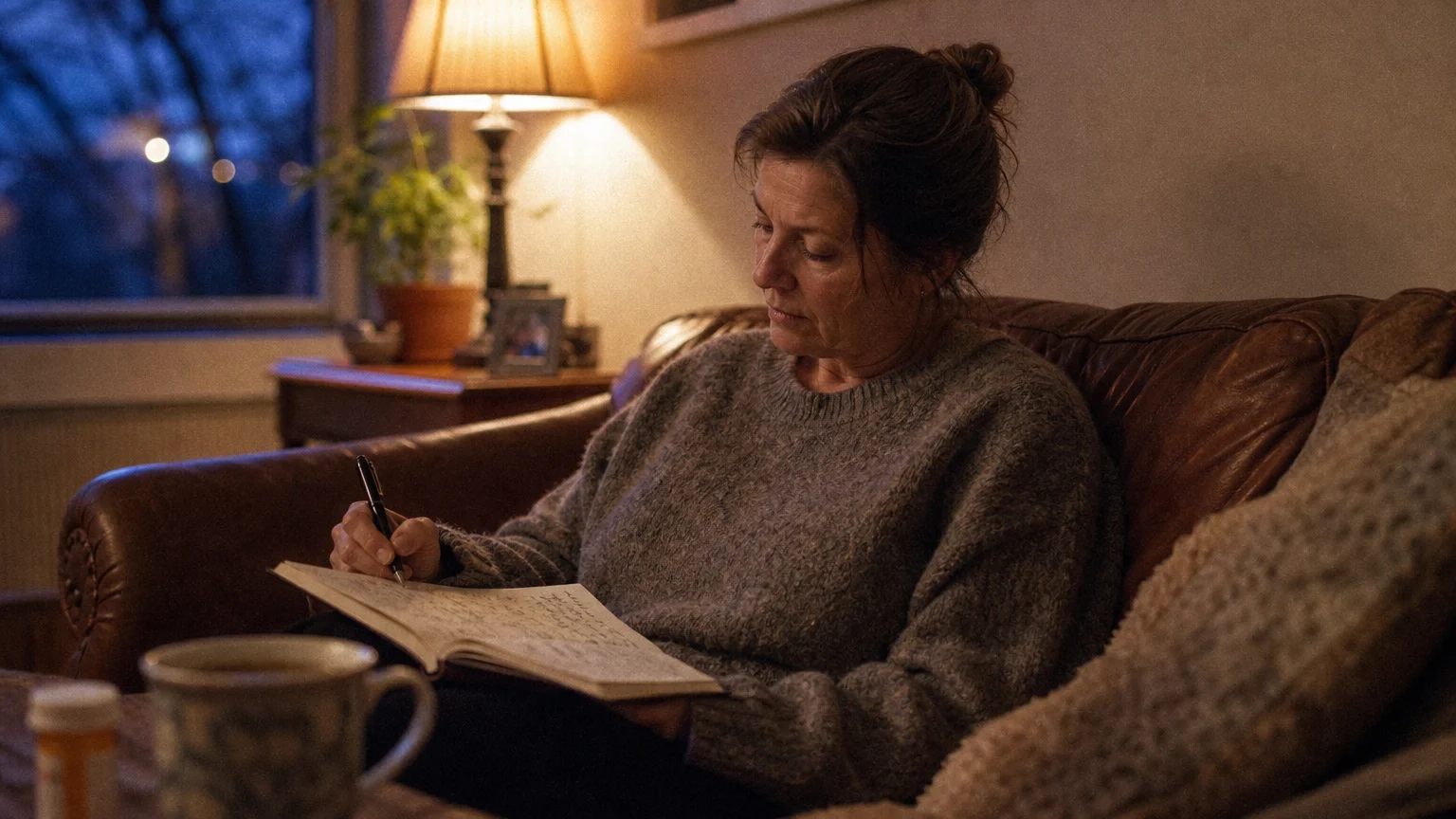 A candid film photograph of a person at home comfortably tracking their health progress in a journal.