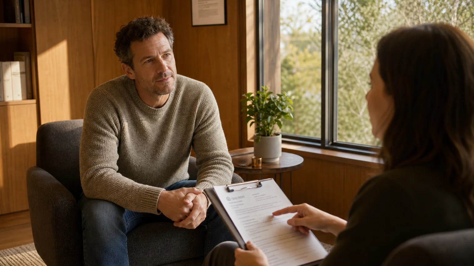 A candid photo of a man in casual clothes having a supportive conversation with his healthcare provider.