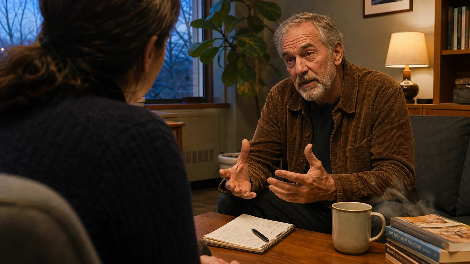 A candid photo of an older man talking with a healthcare professional in a comfortable, warm office setting.