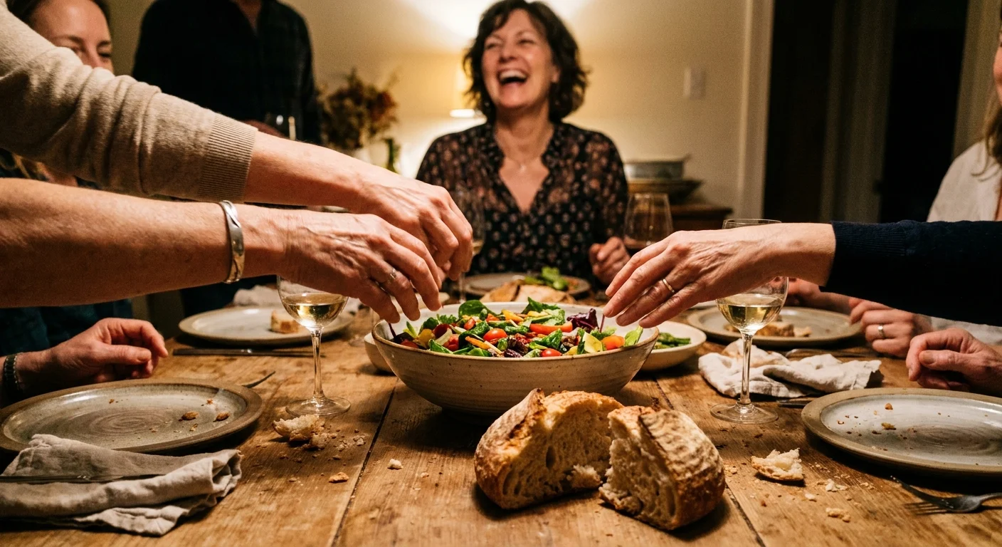 A candid snapshot of hands sharing food across a warm, cluttered dinner table filled with laughter and rustic dishes.