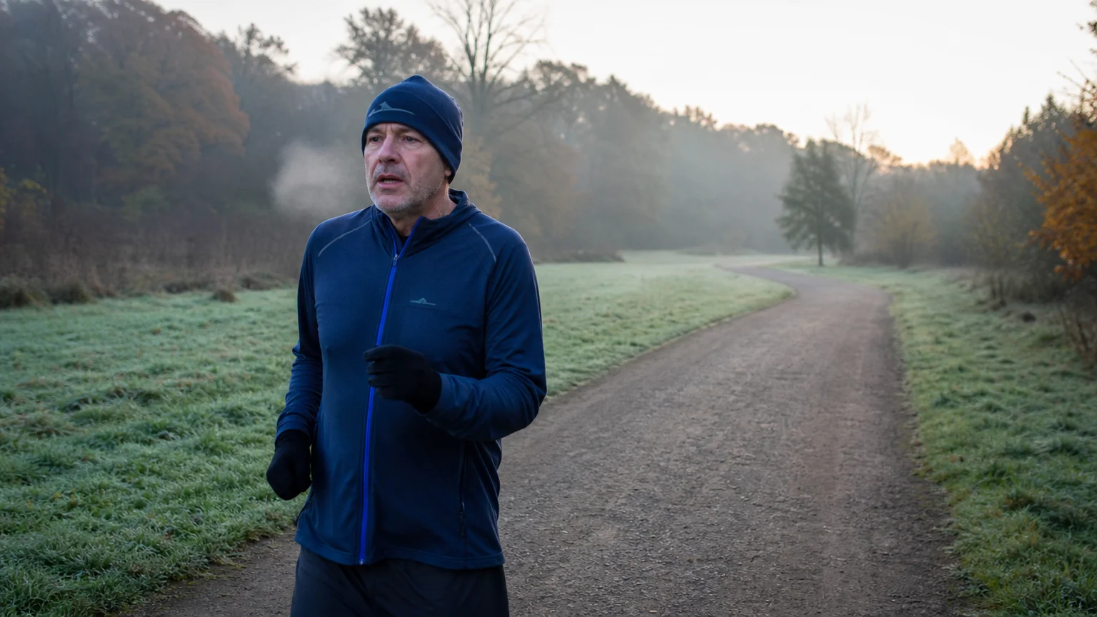 A candid, wide-angle shot of a middle-aged runner on a misty gravel park path at sunrise, breathing in the cool morning air.
