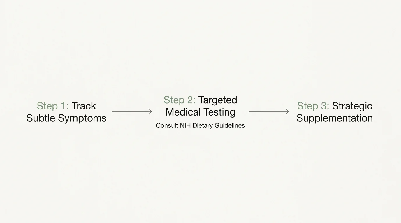 A clean, horizontal flowchart diagram mapping the steps of tracking symptoms, consulting medical guidelines, and supplementation.