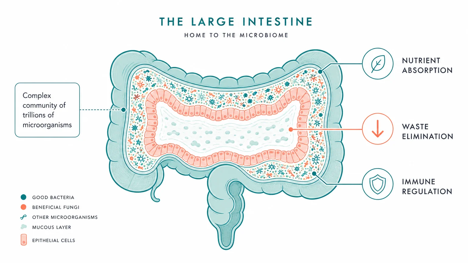 A clean, minimalist diagram showing the functions of the large intestine including nutrient absorption and immune regulation.