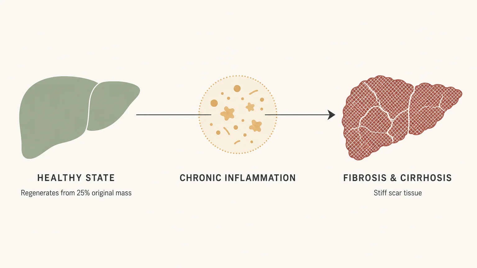 A clean minimalist horizontal diagram showing the progression of liver tissue from a healthy state to fibrosis and cirrhosis.