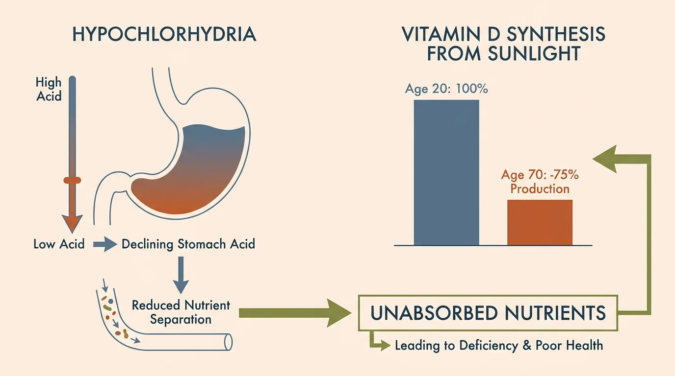 A clean, minimalist medical diagram comparing young adult Vitamin D production to a seventy-five percent drop in seniors.