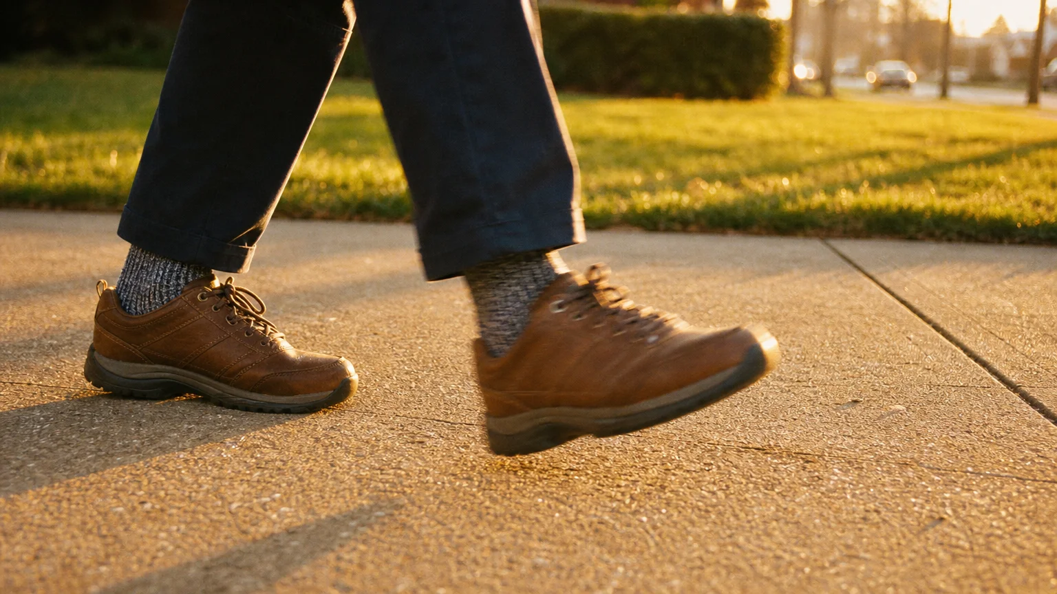 A close-up, low-angle photo of a person's legs in mid-stride on a sunny sidewalk, captured with a warm film aesthetic.