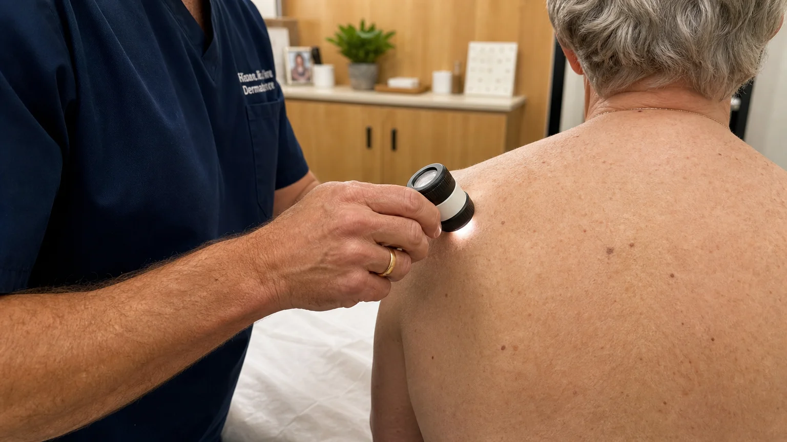 A close-up of a doctor using a dermatoscope to examine a patient's back during a professional skin screening.