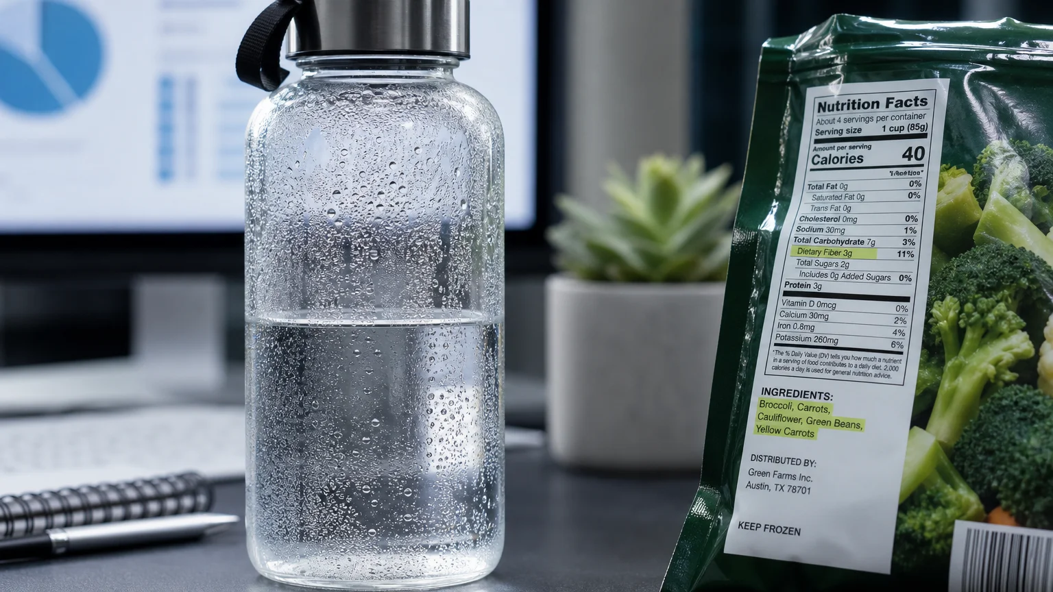 A close-up of a water bottle with condensation and a food label focusing on fiber, set on a clean workstation desk.