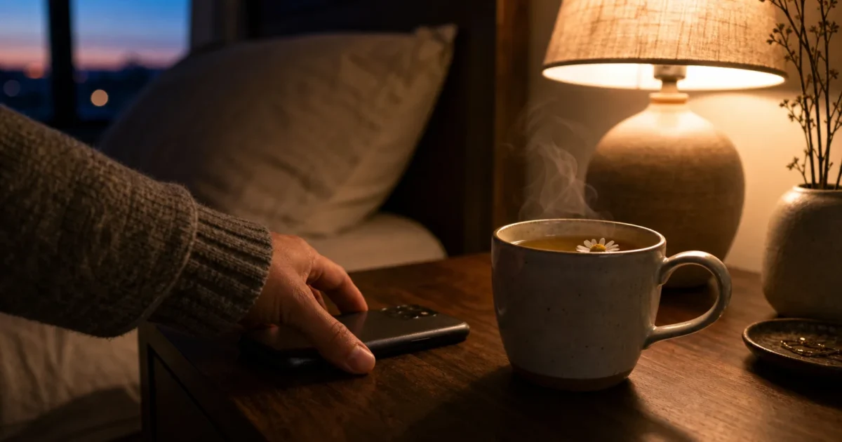 A close-up photograph of a hand placing a smartphone face-down on a wooden nightstand next to a steaming mug of tea at twilight.
