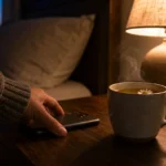 A close-up photograph of a hand placing a smartphone face-down on a wooden nightstand next to a steaming mug of tea at twilight.