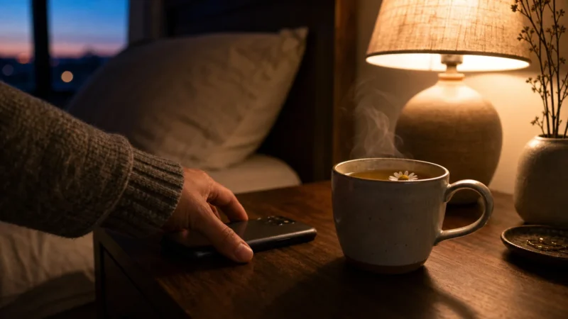 A close-up photograph of a hand placing a smartphone face-down on a wooden nightstand next to a steaming mug of tea at twilight.