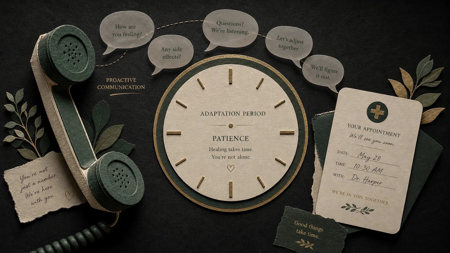 A collage with a telephone, clock, and appointment card representing the importance of medical communication and patience.