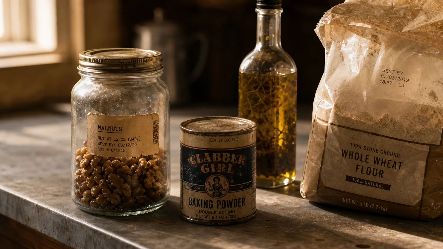 A collection of old pantry staples like nuts, flour, and oil arranged on a kitchen counter under warm, natural light.