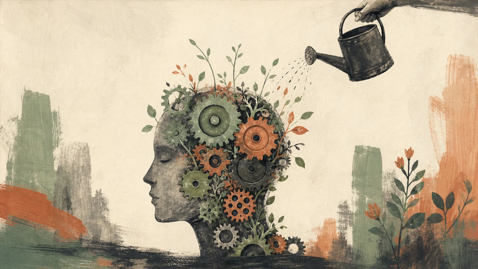 A conceptual illustration of a watering can tending to a garden growing inside a human profile, representing mental health care.