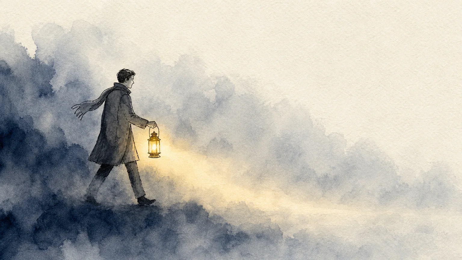 A conceptual watercolor illustration of a person walking through blue fog while holding a warm glowing lantern.