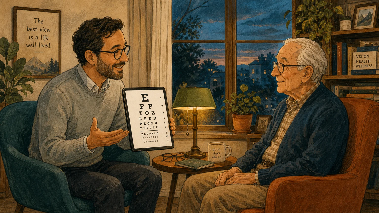 A cozy illustration of a friendly eye doctor explaining a chart to a senior patient in a warm, relaxed office.