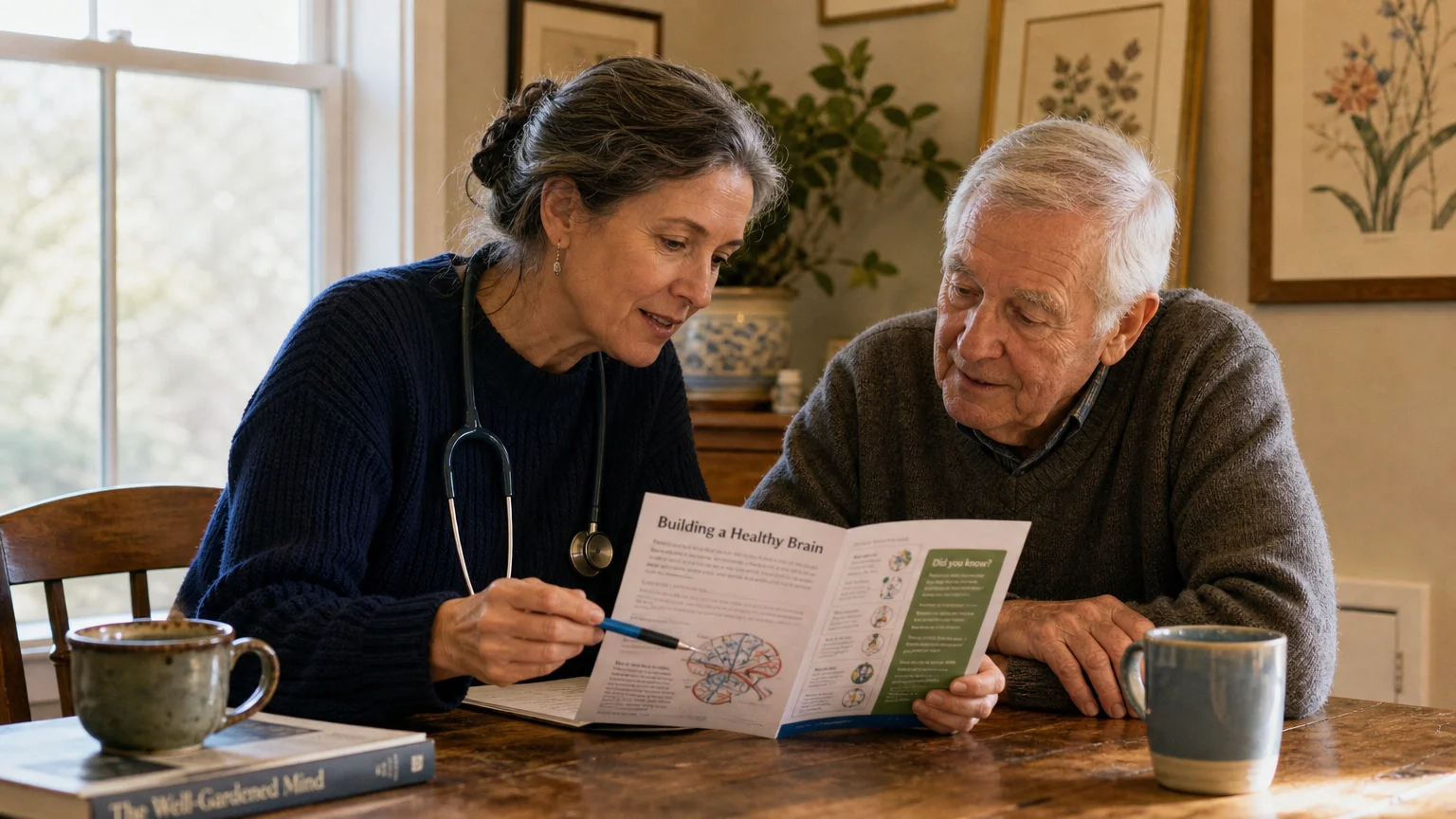 A doctor and an older man discussing brain health literature over a wooden table.