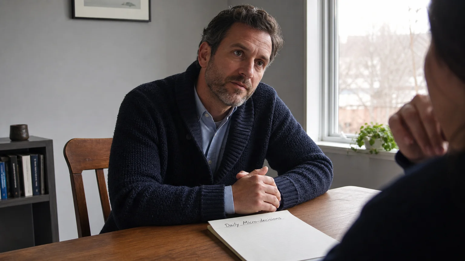 A doctor in casual clothes listens intently during a consultation, with a notepad nearby, showing a personal clinical moment.