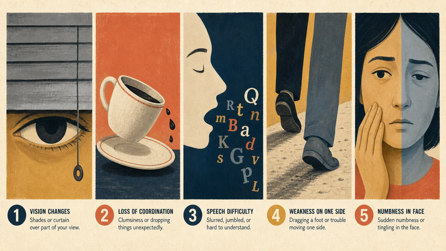 A five-panel gouache illustration depicting subtle mini stroke symptoms: vision changes, weakness, speech issues, leg dragging, and numbness