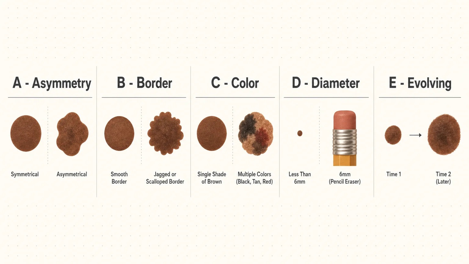 A horizontal diagram illustrating the ABCDE skin cancer detection method: Asymmetry, Border, Color, Diameter, and Evolving.