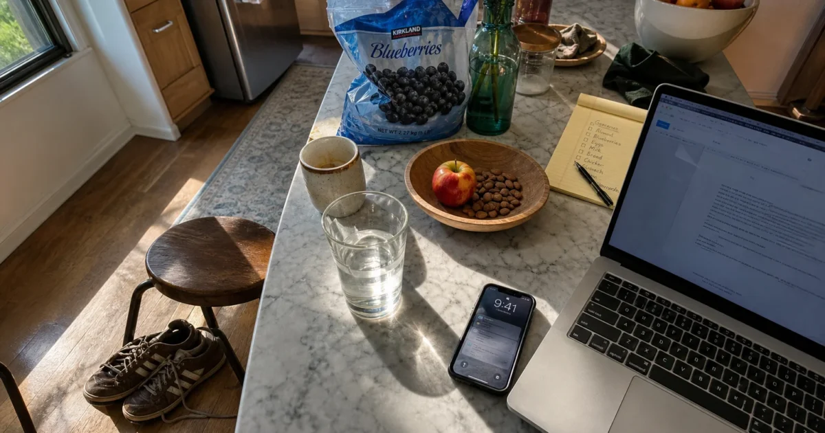 A kitchen counter with a glass of water, an apple with almonds, and a laptop in morning light, symbolizing healthy daily choices.