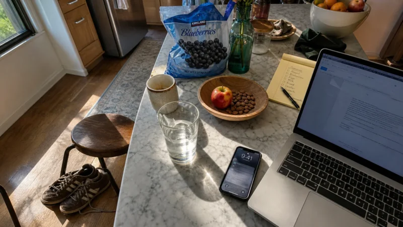 A kitchen counter with a glass of water, an apple with almonds, and a laptop in morning light, symbolizing healthy daily choices.