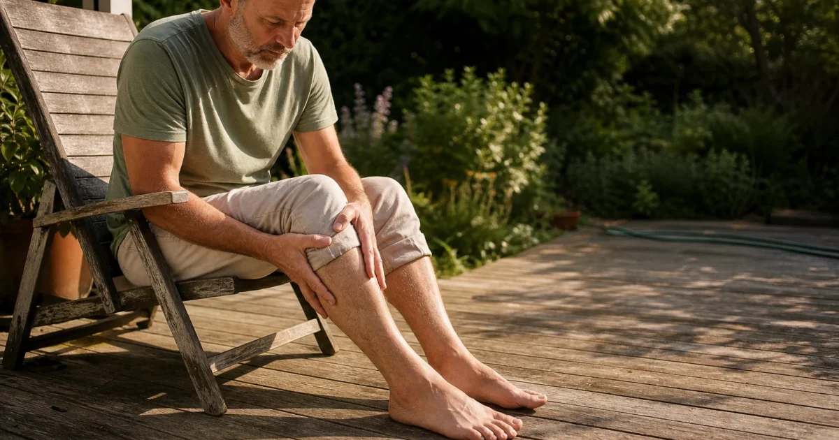 A man in his 50s sits on a sunlit wooden deck, thoughtfully examining his legs in a candid, domestic morning scene.