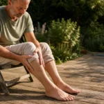 A man in his 50s sits on a sunlit wooden deck, thoughtfully examining his legs in a candid, domestic morning scene.